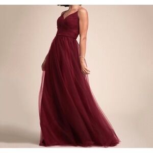 Jenny Yoo Collection Wine Tulle V Neck Spaghetti Strap Gown Size 12